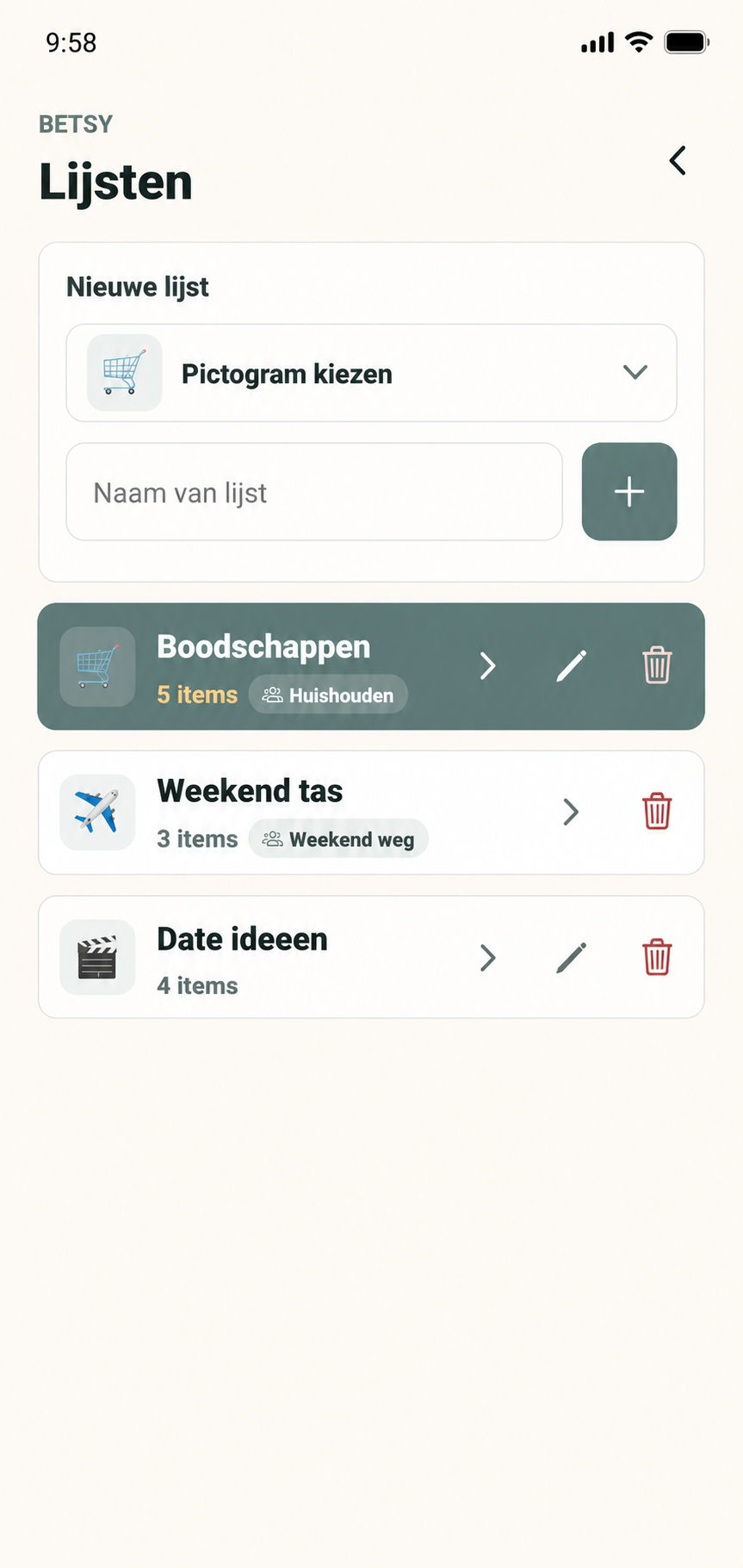 Overzicht van gedeelde lijstjes in Betsy